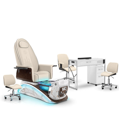 Ivory-White Moonstone-White Lexor Mystique Pedicure Chair and Matching Nail Table Set