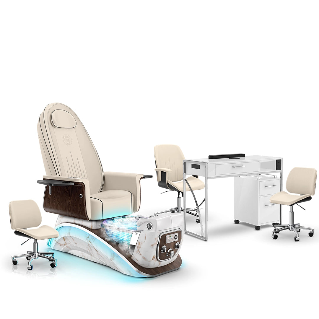 Ivory-White Moonstone-White Lexor Mystique Pedicure Chair with Thera-Mist and Matching Nail Table Set