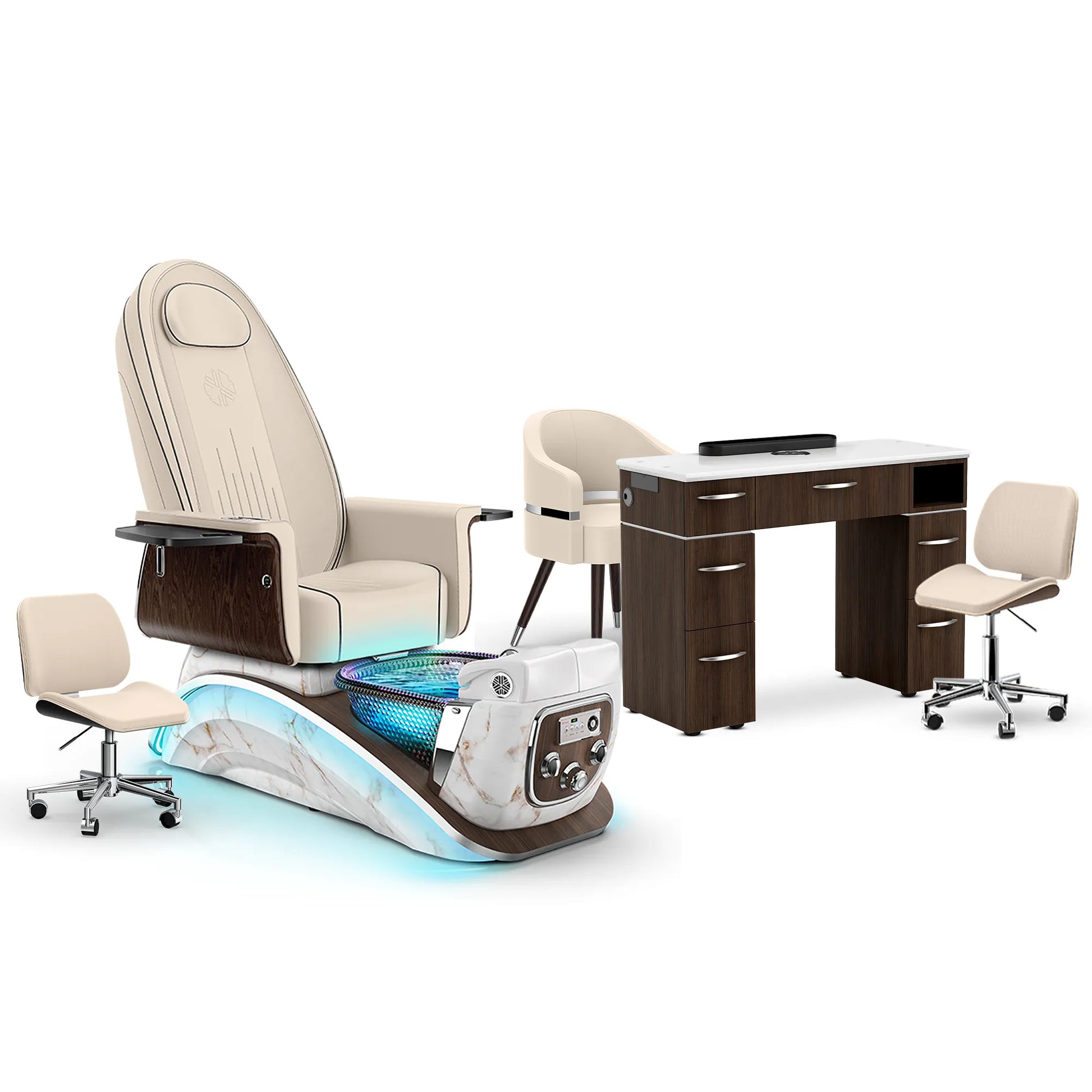 Ivory-White Moonstone-Dark Walnut Lexor Mystique Pedicure Chair and Matching Nail Table Set