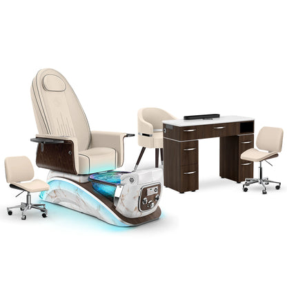 Ivory-White Moonstone-Dark Walnut Lexor Mystique Pedicure Chair and Matching Nail Table Set