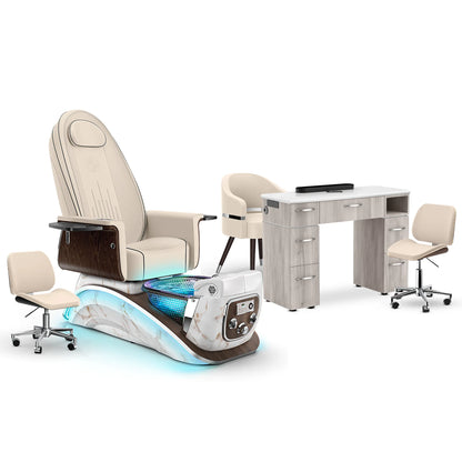 Ivory-White Moonstone-Hazel Lexor Mystique Pedicure Chair and Matching Nail Table Set