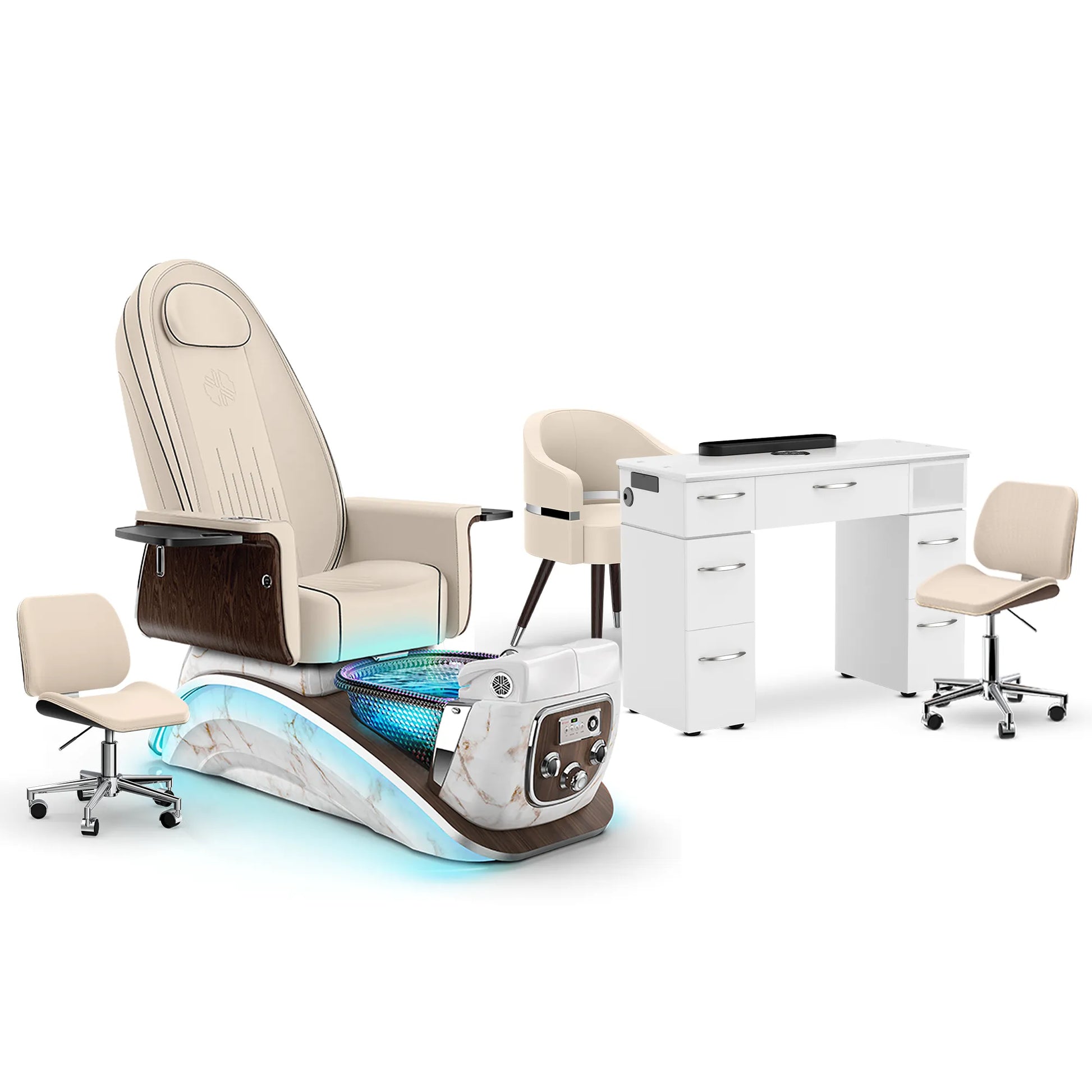 Ivory-White Moonstone-White Lexor Mystique Pedicure Chair and Matching Nail Table Set