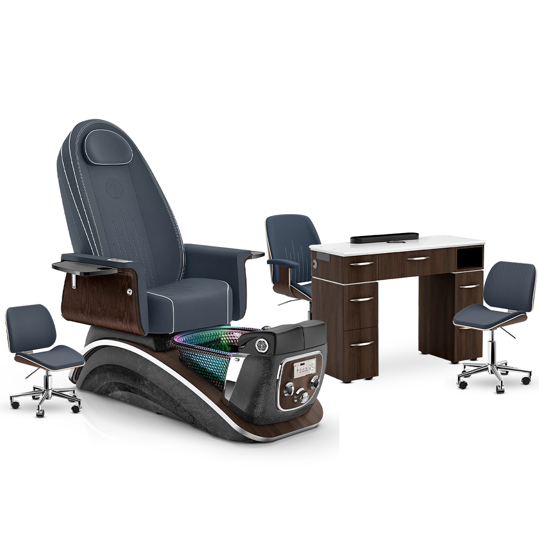 Midnight-Black Moonstone-Dark Walnut Lexor Mystique Pedicure Chair and Matching Nail Table Set