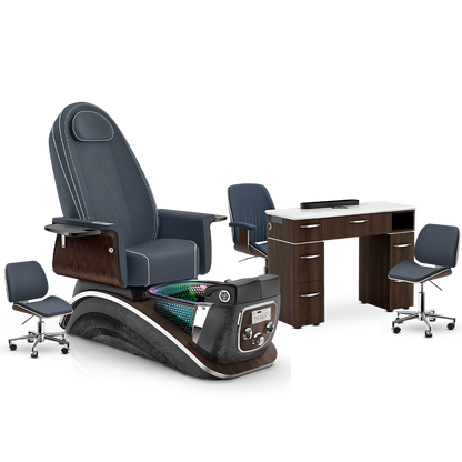 Midnight-Black Moonstone-Dark Walnut Lexor Mystique Pedicure Chair and Matching Nail Table Set