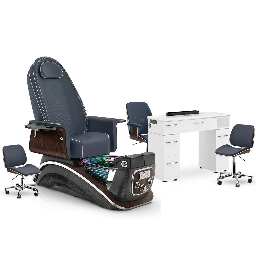 Midnight-Black Moonstone-White Lexor Mystique Pedicure Chair and Matching Nail Table Set