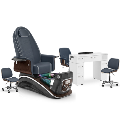 Midnight-Black Moonstone-White Lexor Mystique Pedicure Chair and Matching Nail Table Set