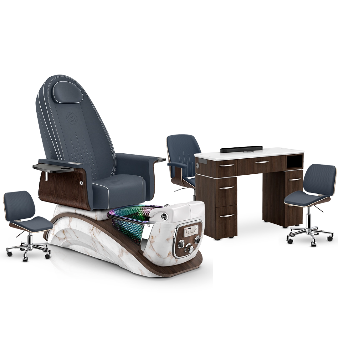 Midnight-White Moonstone-Dark Walnut Lexor Mystique Pedicure Chair and Matching Nail Table Set