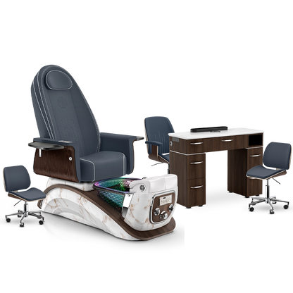 Midnight-White Moonstone-Dark Walnut Lexor Mystique Pedicure Chair and Matching Nail Table Set