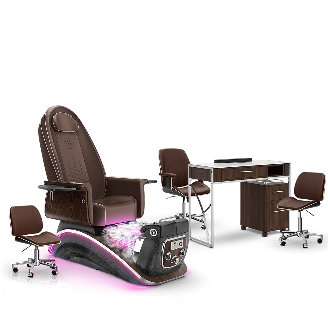 Mocha-Black Moonstone-Dark Walnut Lexor Mystique Pedicure Chair with Thera-Mist and Matching Nail Table Set