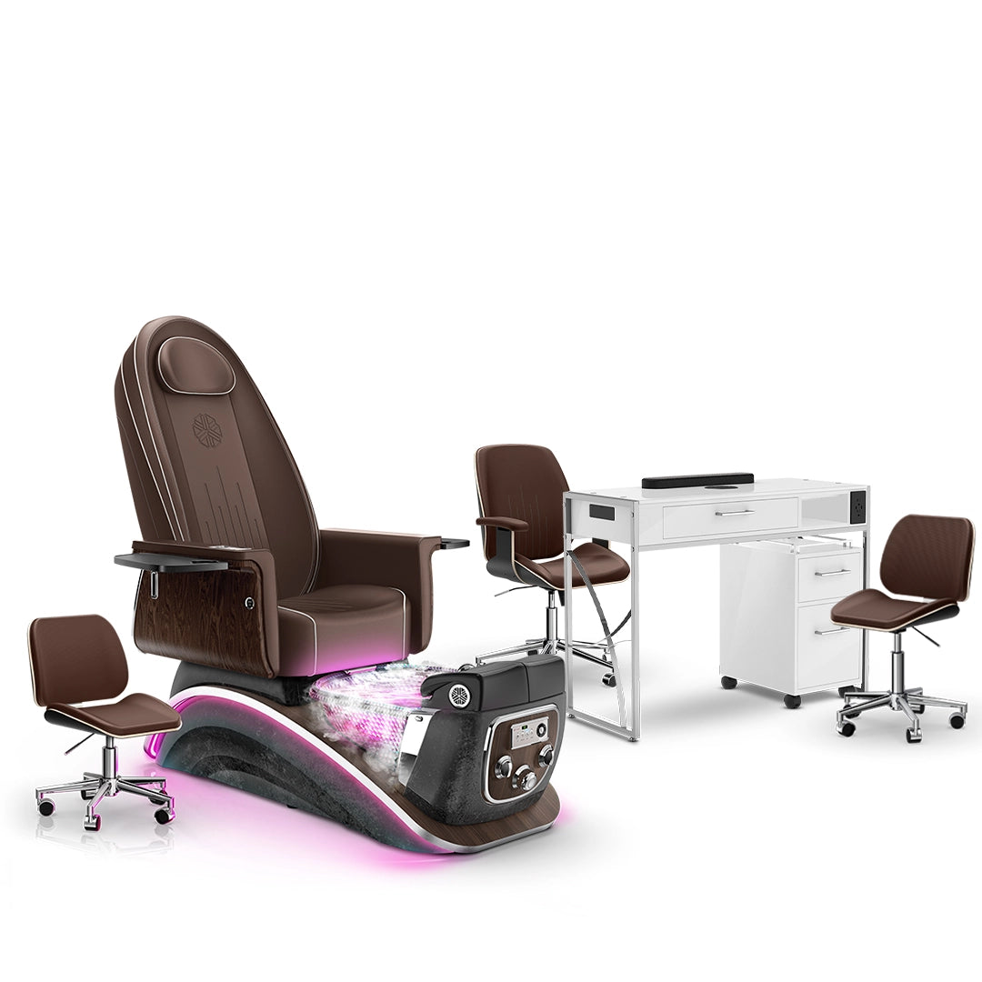 Mocha-Black Moonstone-White Lexor Mystique Pedicure Chair with Thera-Mist and Matching Nail Table Set