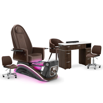 Mocha-Black Moonstone-Dark Walnut Lexor Mystique Pedicure Chair and Matching Nail Table Set