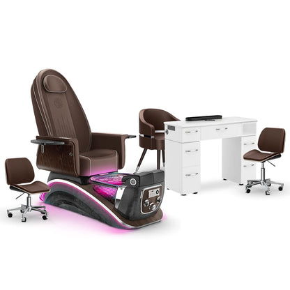 Mocha-Black Moonstone-White Lexor Mystique Pedicure Chair and Matching Nail Table Set