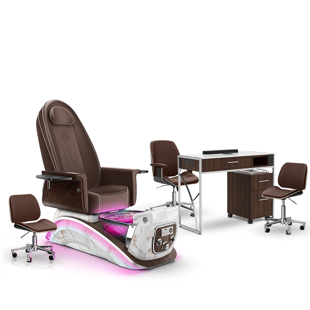 Mocha-White Moonstone-Dark Walnut Lexor Mystique Pedicure Chair and Matching Nail Table Set