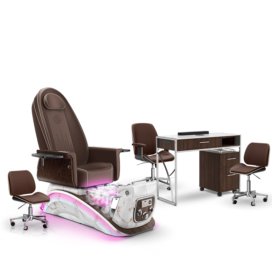 Mocha-White Moonstone-Dark Walnut Lexor Mystique Pedicure Chair with Thera-Mist and Matching Nail Table Set