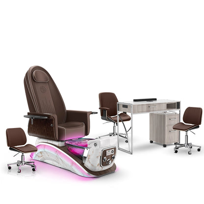 Mocha-White Moonstone-Hazel Lexor Mystique Pedicure Chair and Matching Nail Table Set