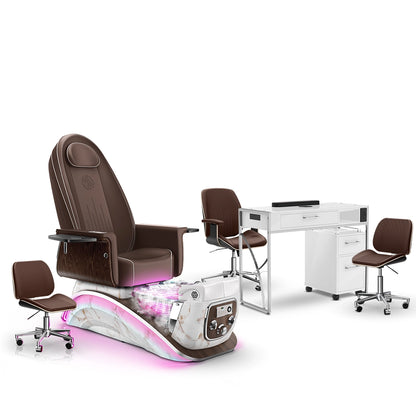 Mocha-White Moonstone-White Lexor Mystique Pedicure Chair with Thera-Mist and Matching Nail Table Set