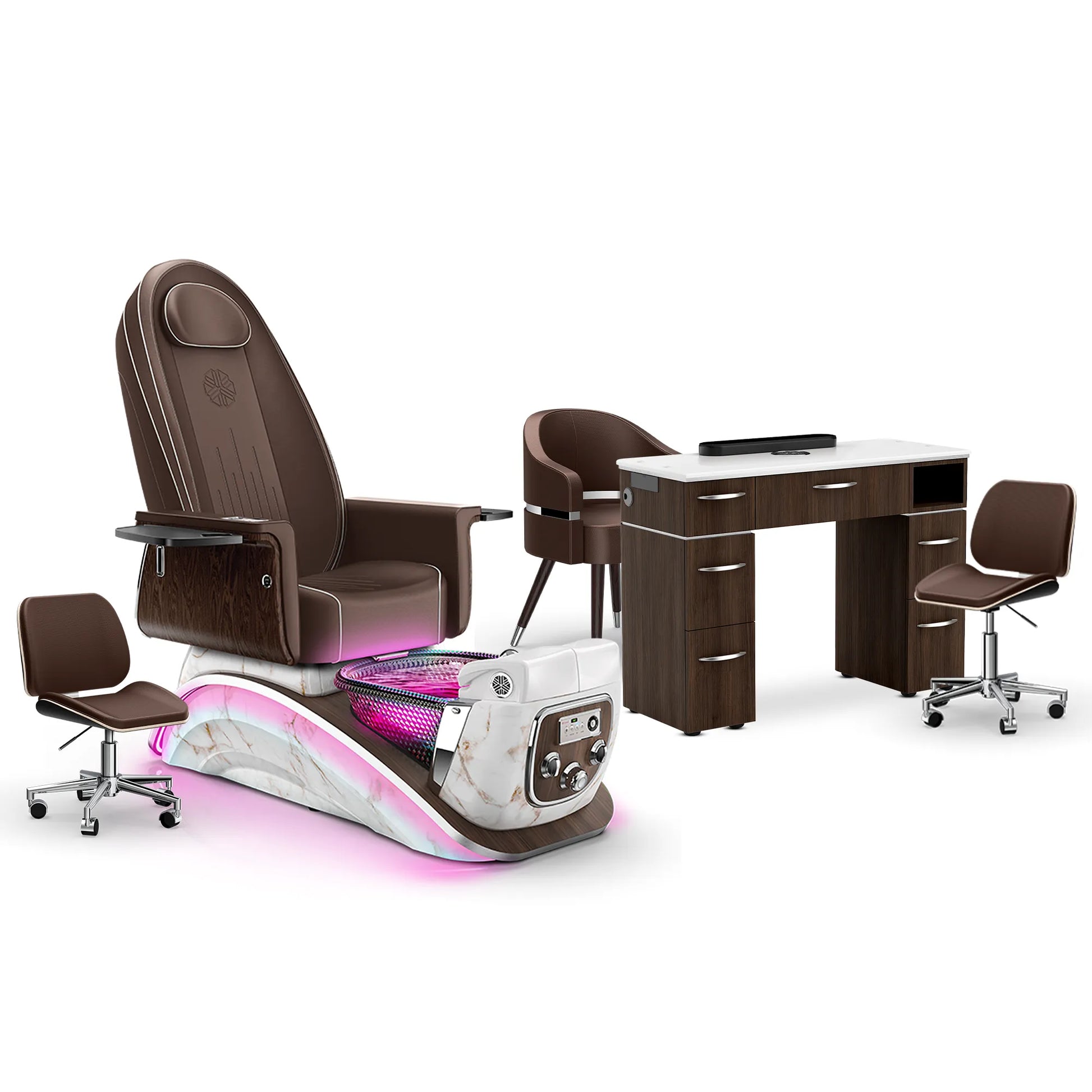 Mocha-White Moonstone-Dark Walnut Lexor Mystique Pedicure Chair and Matching Nail Table Set