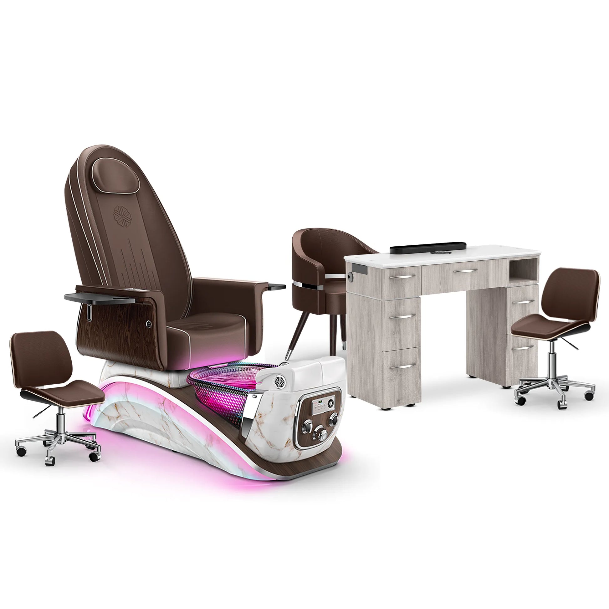 Mocha-White Moonstone-Hazel Lexor Mystique Pedicure Chair and Matching Nail Table Set