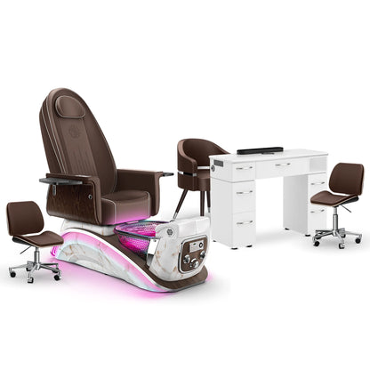 Mocha-White Moonstone-White Lexor Mystique Pedicure Chair and Matching Nail Table Set