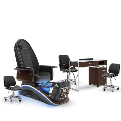 Noir-pr-Black Moonstone-Dark Walnut Lexor Mystique Pedicure Chair and Matching Nail Table Set