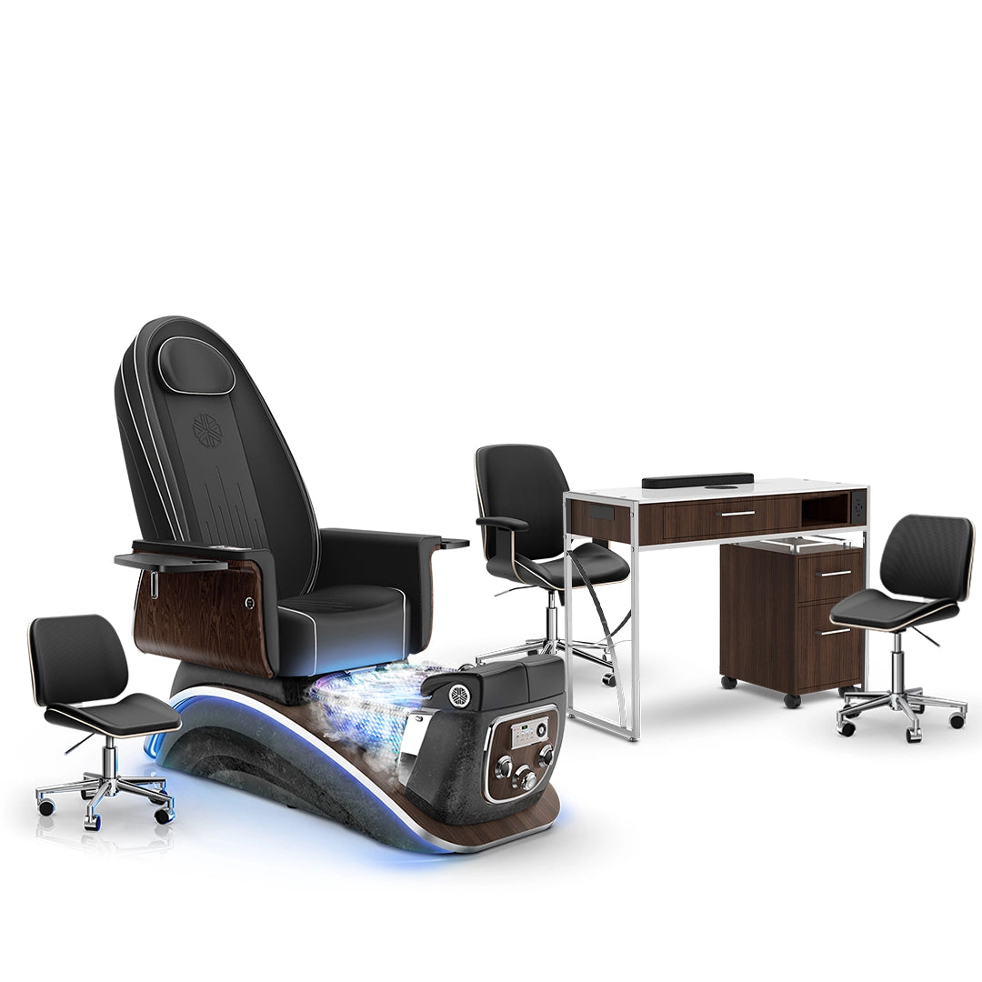 Noir-pr-Black Moonstone-Dark Walnut Lexor Mystique Pedicure Chair with Thera-Mist and Matching Nail Table Set