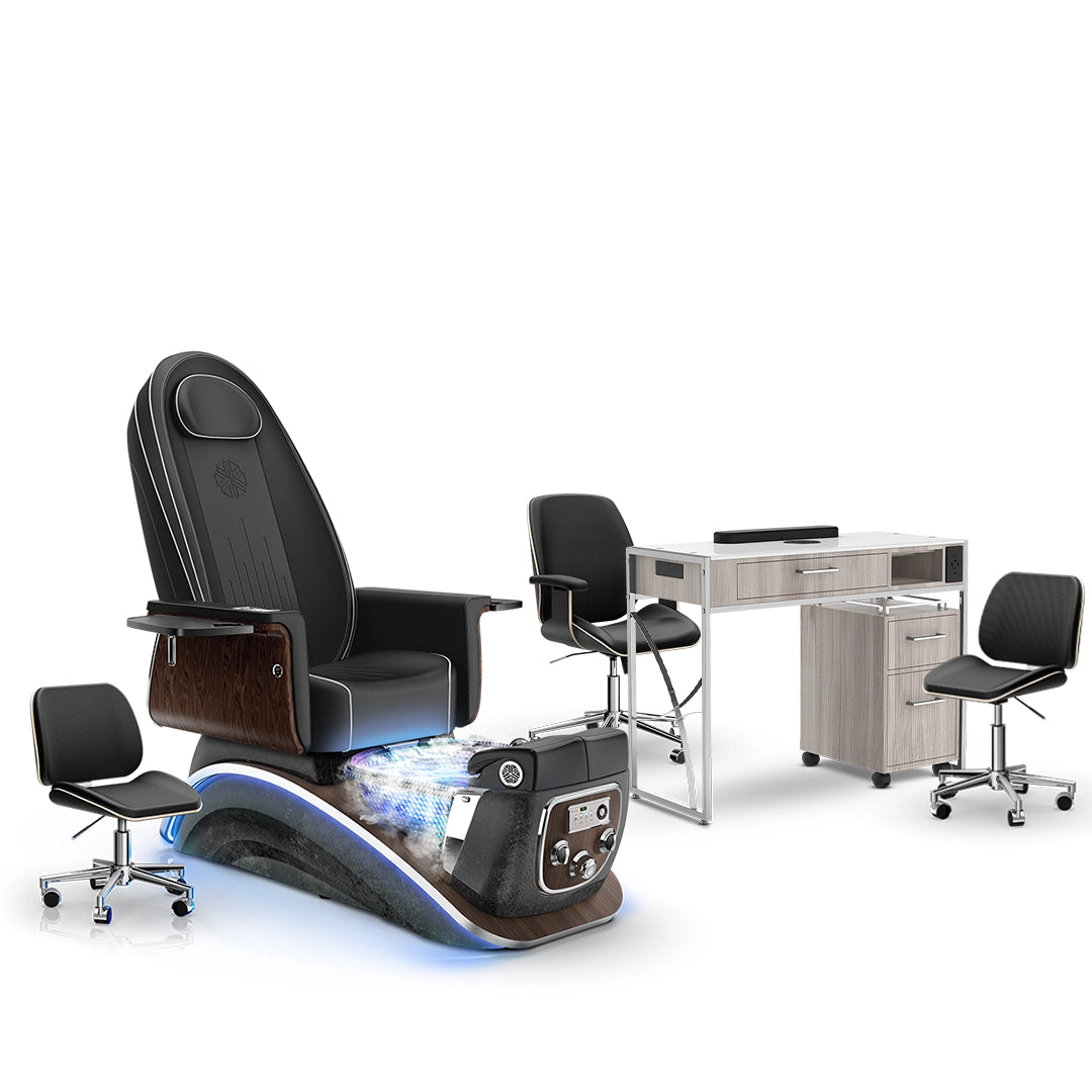 Noir-pr-Black Moonstone-Hazel Lexor Mystique Pedicure Chair with Thera-Mist and Matching Nail Table Set