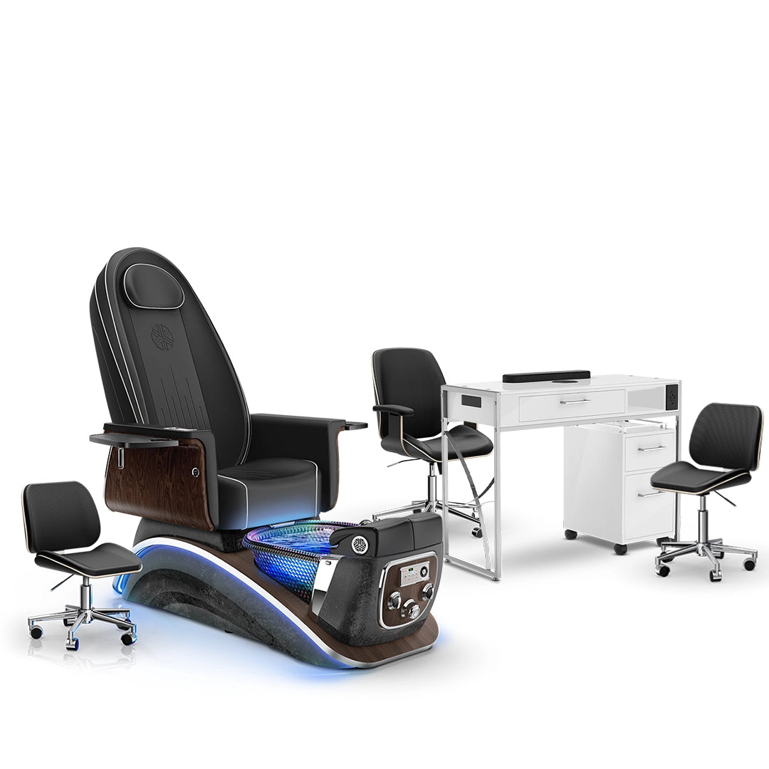 Noir-pr-Black Moonstone-White Lexor Mystique Pedicure Chair and Matching Nail Table Set