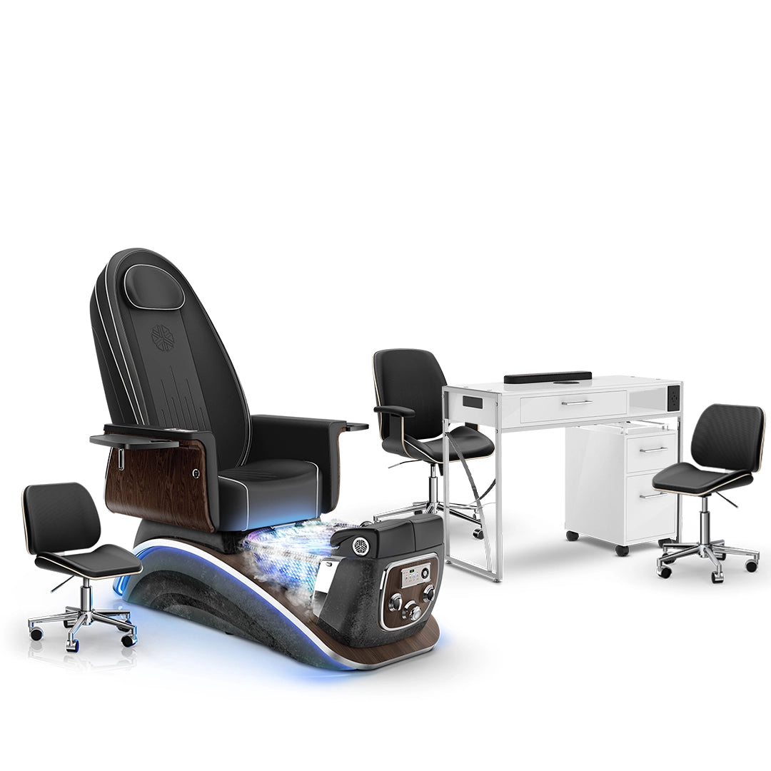 Noir-pr-Black Moonstone-White Lexor Mystique Pedicure Chair with Thera-Mist and Matching Nail Table Set