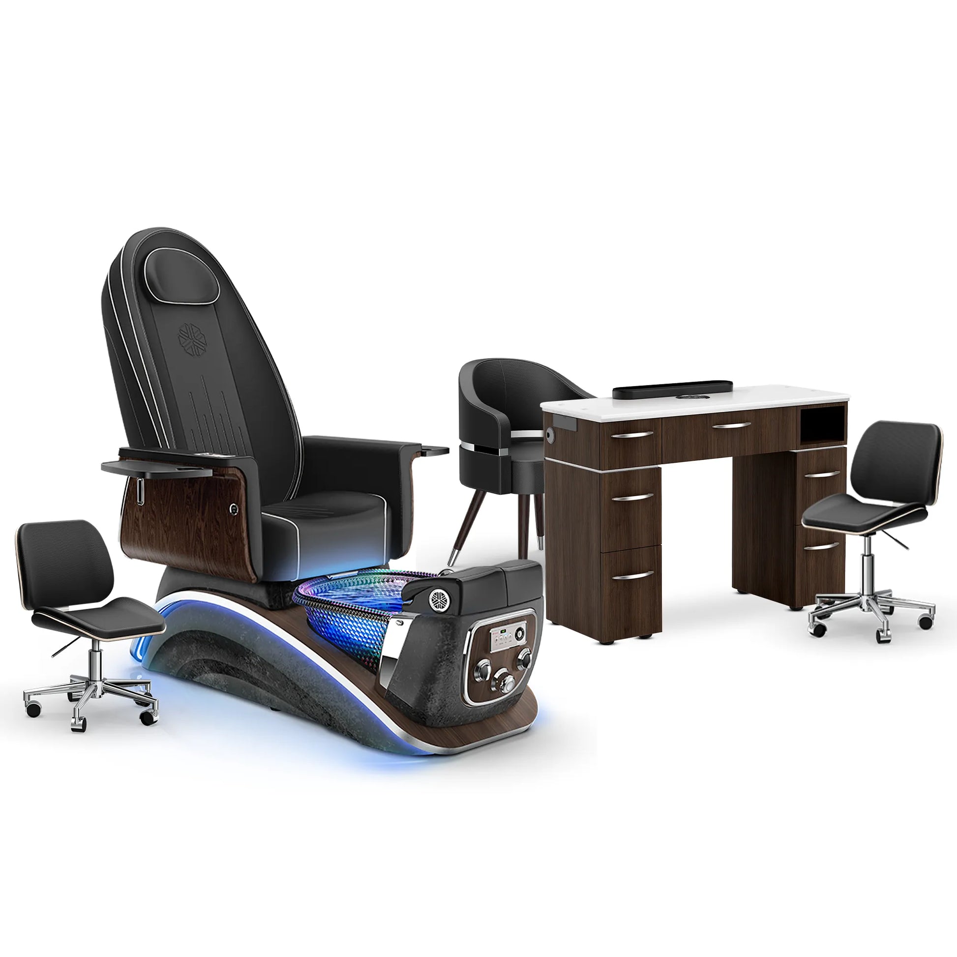 Noir-pr-Black Moonstone-Dark Walnut Lexor Mystique Pedicure Chair and Matching Nail Table Set
