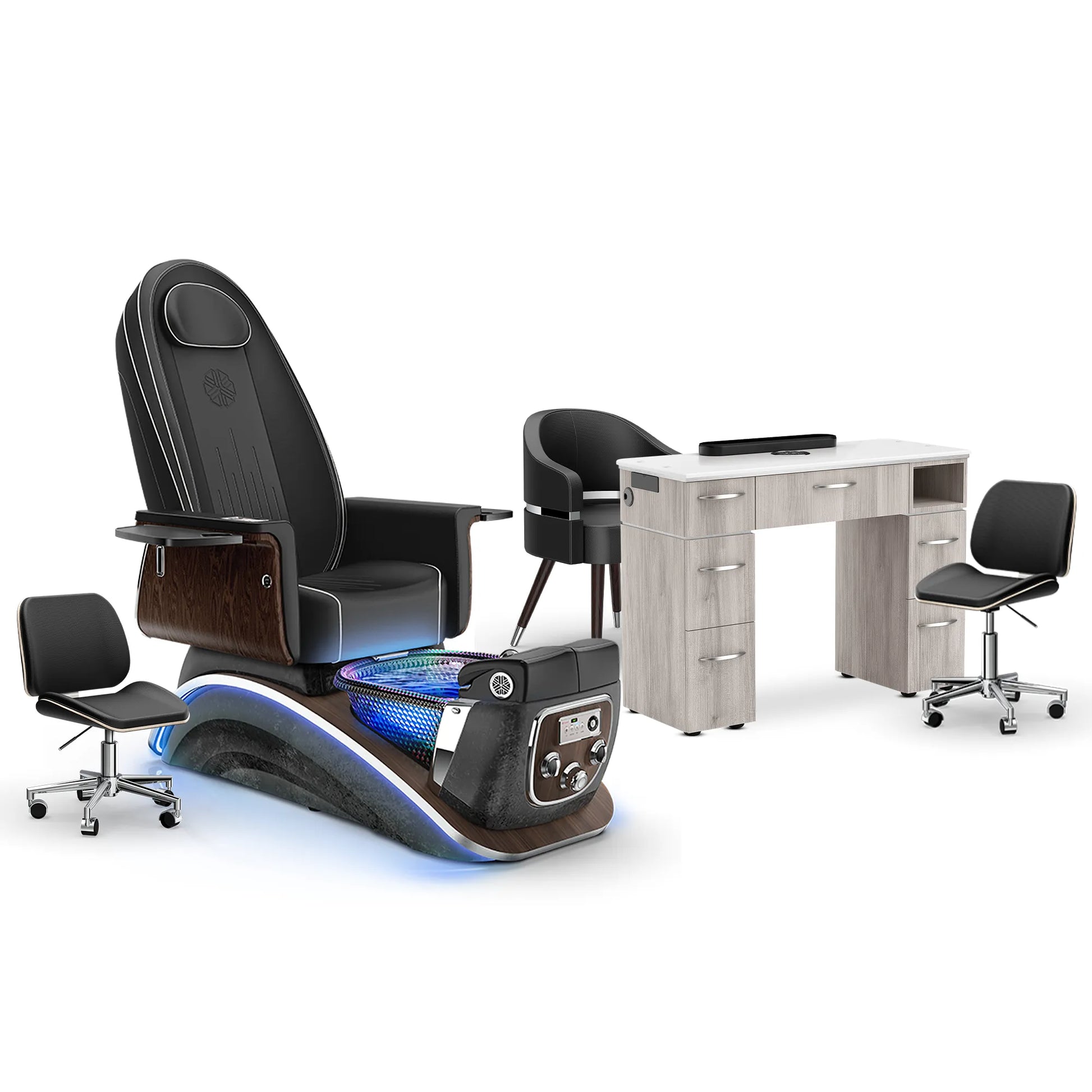Noir-pr-Black Moonstone-Hazel Lexor Mystique Pedicure Chair and Matching Nail Table Set
