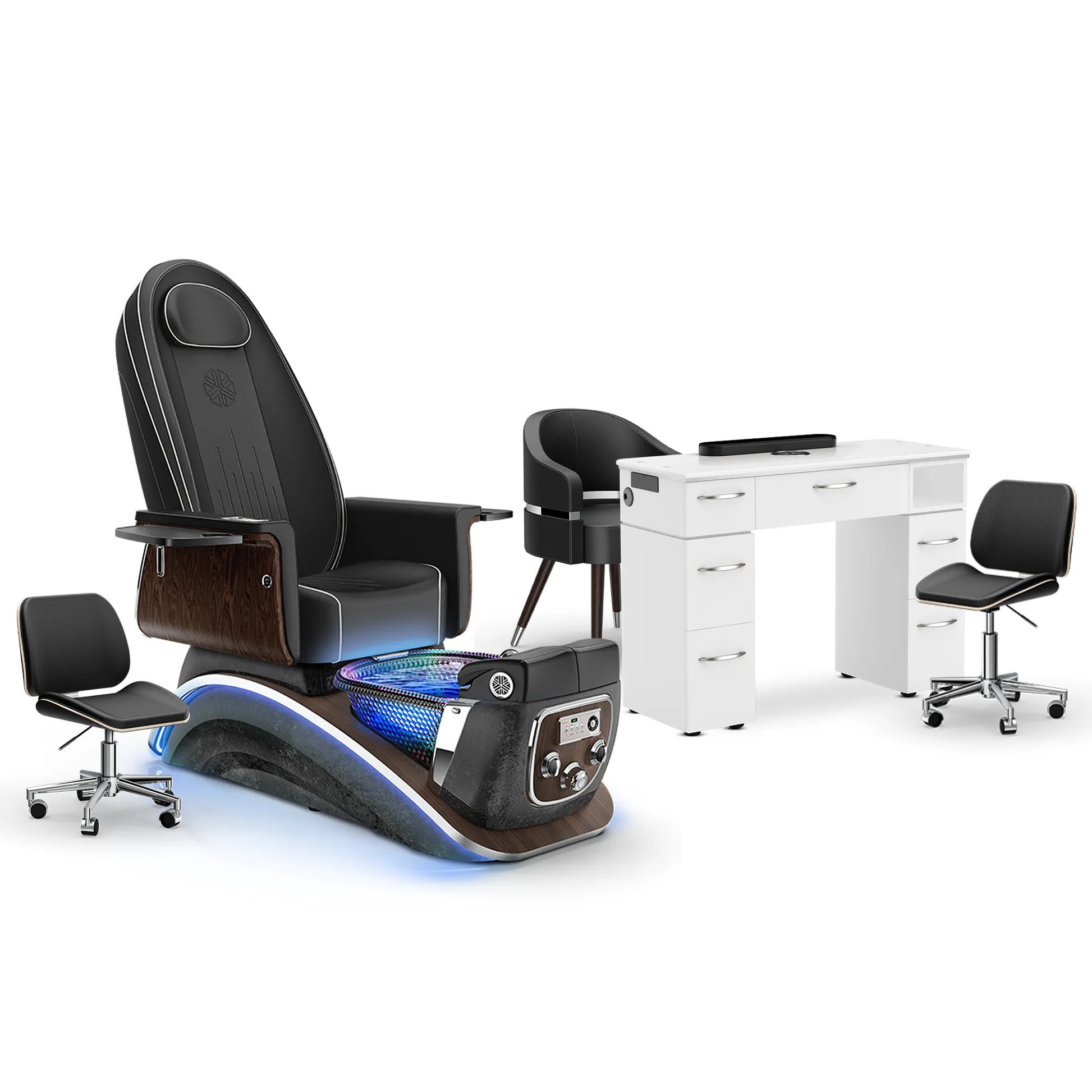 Noir-pr-Black Moonstone-White Lexor Mystique Pedicure Chair and Matching Nail Table Set