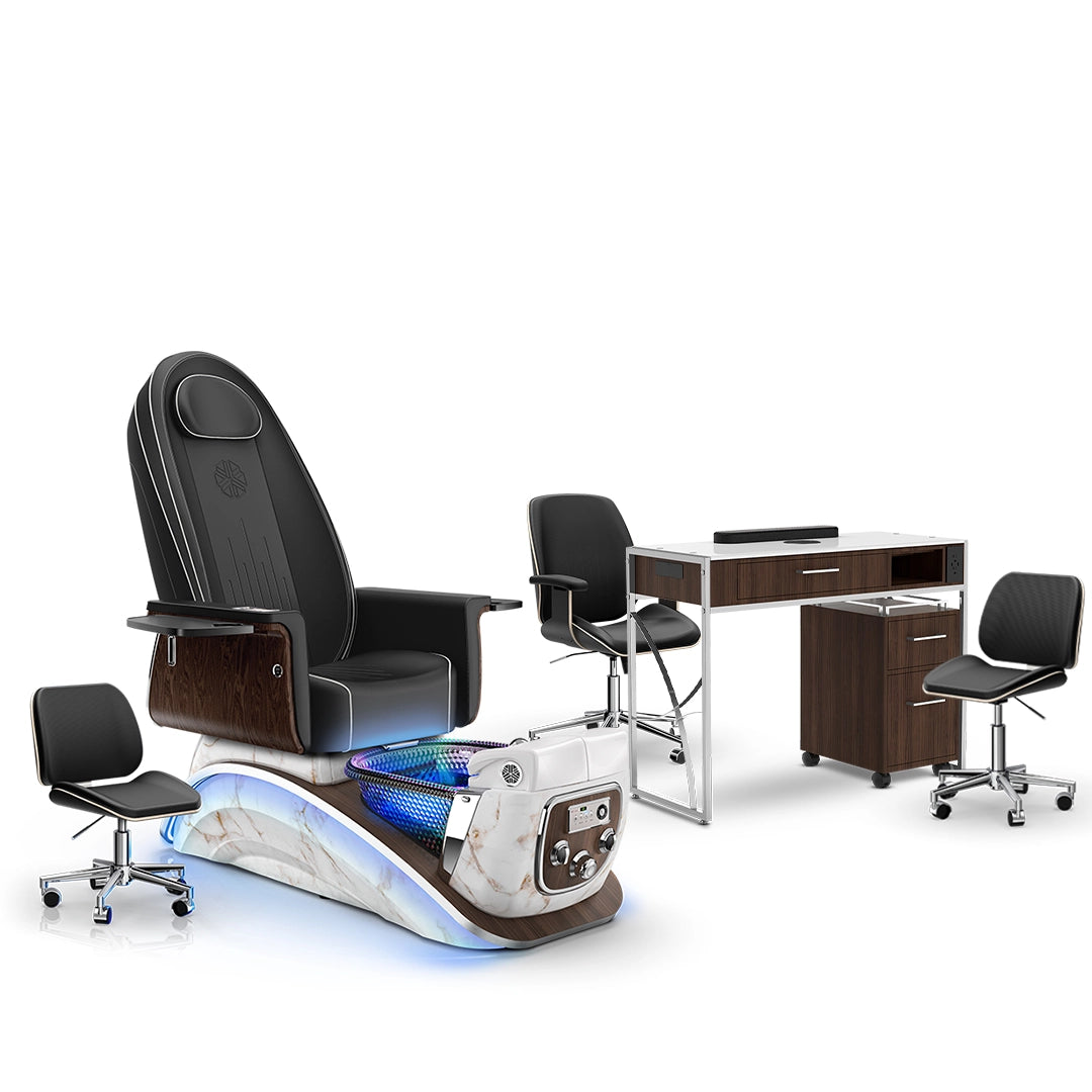 Noir-pr-White Moonstone-Dark Walnut Lexor Mystique Pedicure Chair and Matching Nail Table Set