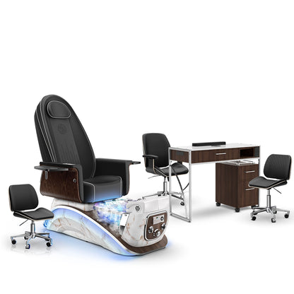 Noir-pr-White Moonstone-Dark Walnut Lexor Mystique Pedicure Chair with Thera-Mist and Matching Nail Table Set