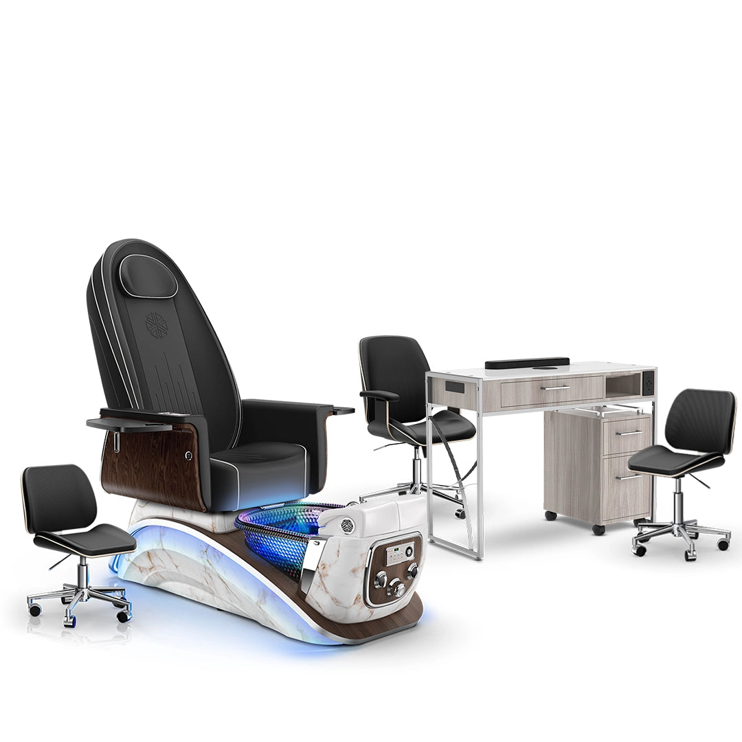Noir-pr-White Moonstone-Hazel Lexor Mystique Pedicure Chair and Matching Nail Table Set