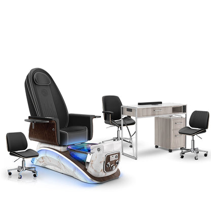 Noir-pr-White Moonstone-Hazel Lexor Mystique Pedicure Chair and Matching Nail Table Set