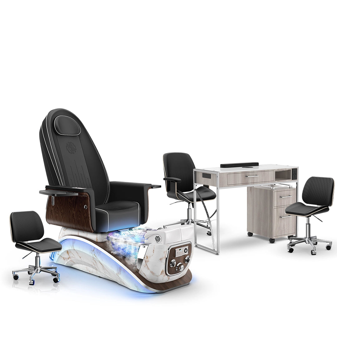 Noir-pr-White Moonstone-Hazel Lexor Mystique Pedicure Chair with Thera-Mist and Matching Nail Table Set