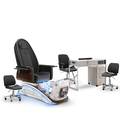 Noir-pr-White Moonstone-Hazel Lexor Mystique Pedicure Chair with Thera-Mist and Matching Nail Table Set
