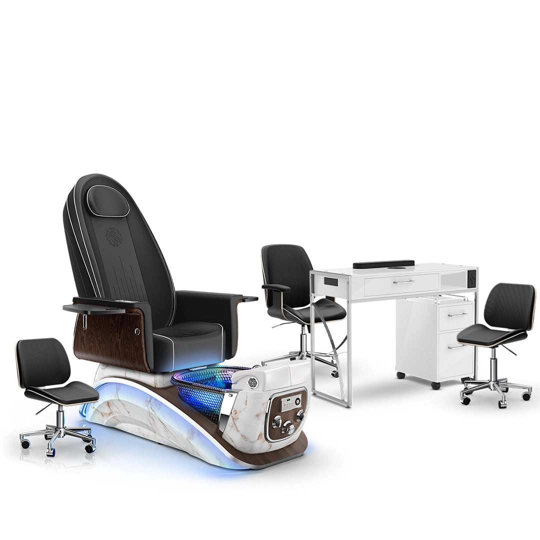 Noir-pr-White Moonstone-White Lexor Mystique Pedicure Chair and Matching Nail Table Set