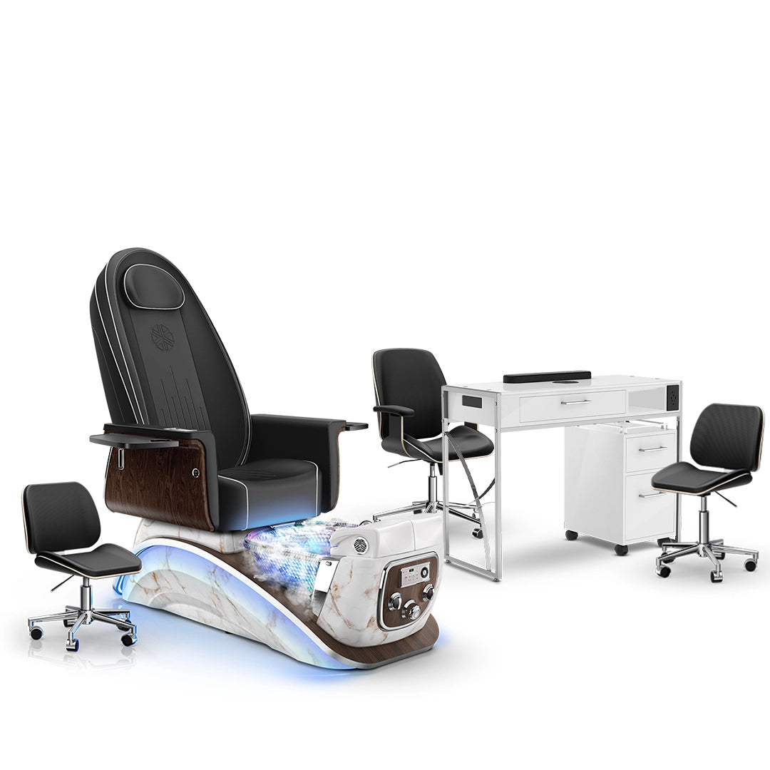 Noir-pr-White Moonstone-White Lexor Mystique Pedicure Chair with Thera-Mist and Matching Nail Table Set