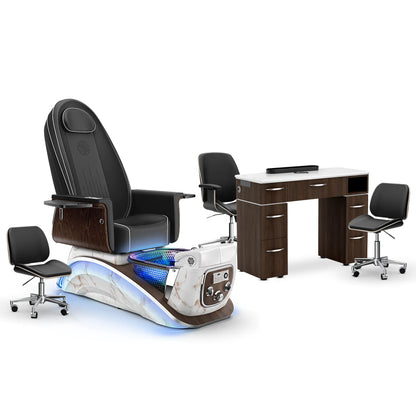 Noir-pr-White Moonstone-Dark Walnut Lexor Mystique Pedicure Chair and Matching Nail Table Set