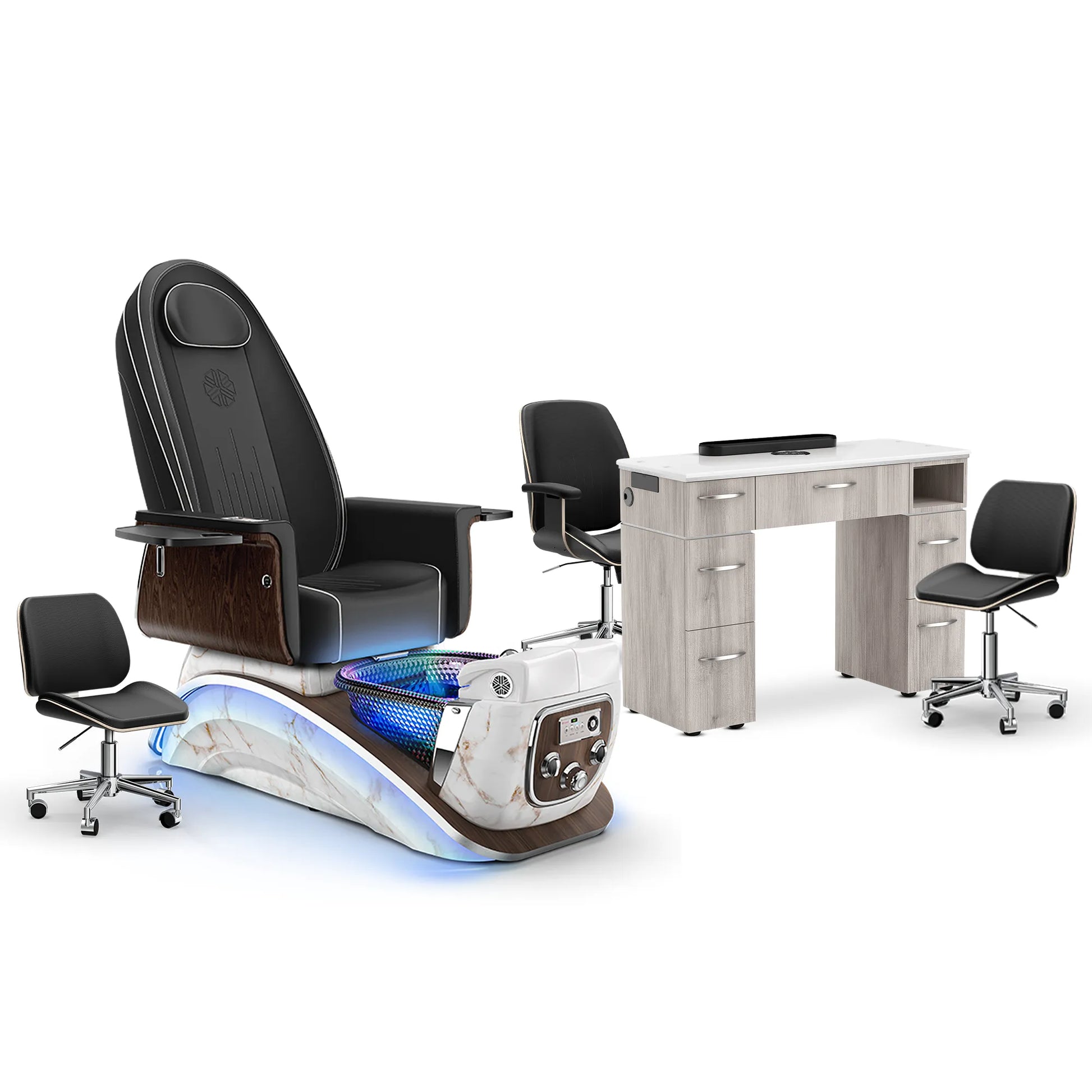 Noir-pr-White Moonstone-Hazel Lexor Mystique Pedicure Chair and Matching Nail Table Set