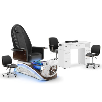Noir-pr-White Moonstone-White Lexor Mystique Pedicure Chair and Matching Nail Table Set