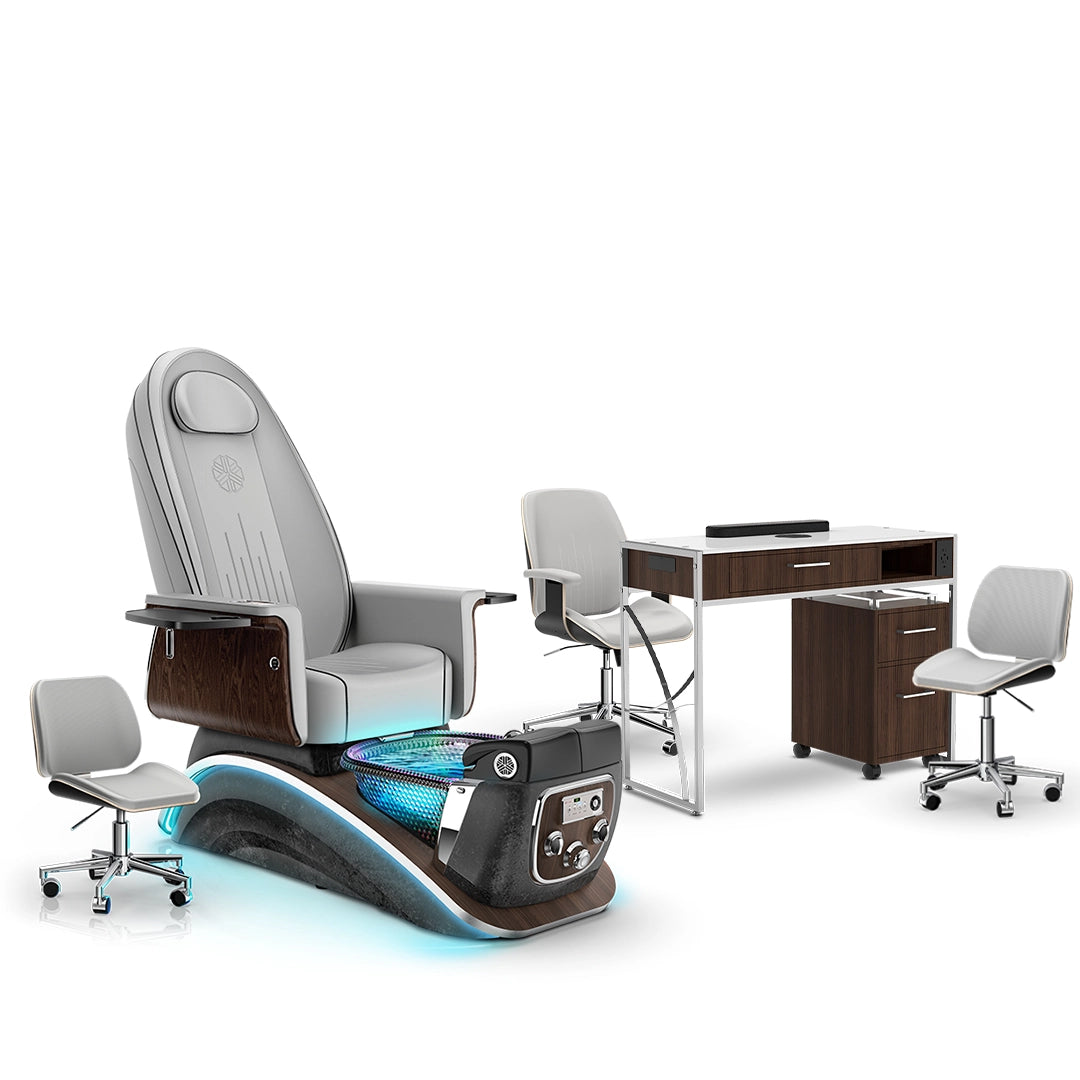 Platinum-pr-Black Moonstone-Dark Walnut Lexor Mystique Pedicure Chair and Matching Nail Table Set