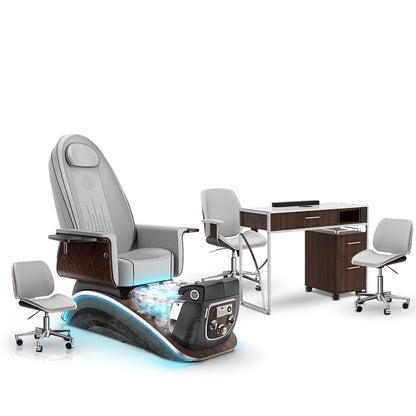 Platinum-pr-Black Moonstone-Dark Walnut Lexor Mystique Pedicure Chair with Thera-Mist and Matching Nail Table Set
