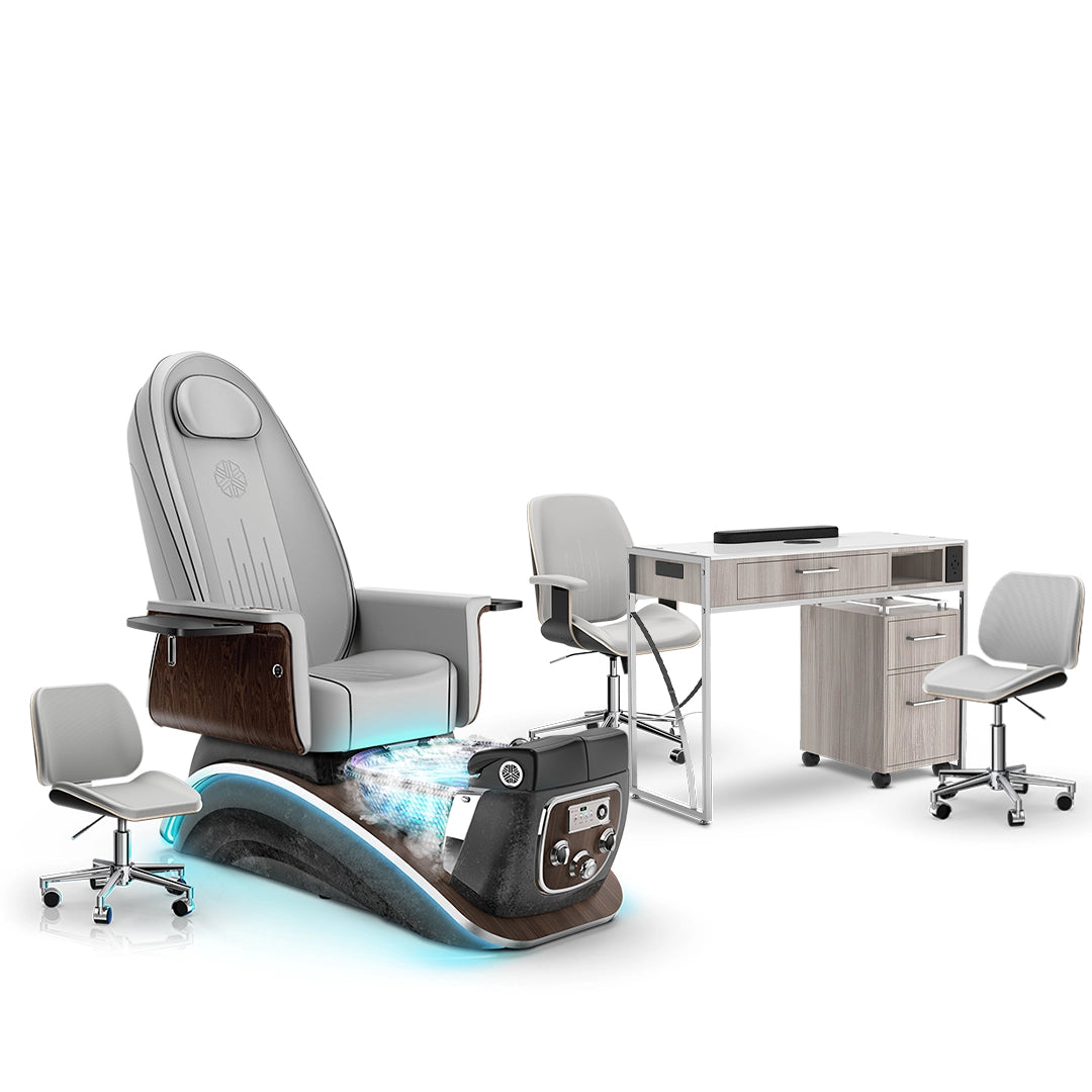 Platinum-pr-Black Moonstone-Hazel Lexor Mystique Pedicure Chair with Thera-Mist and Matching Nail Table Set
