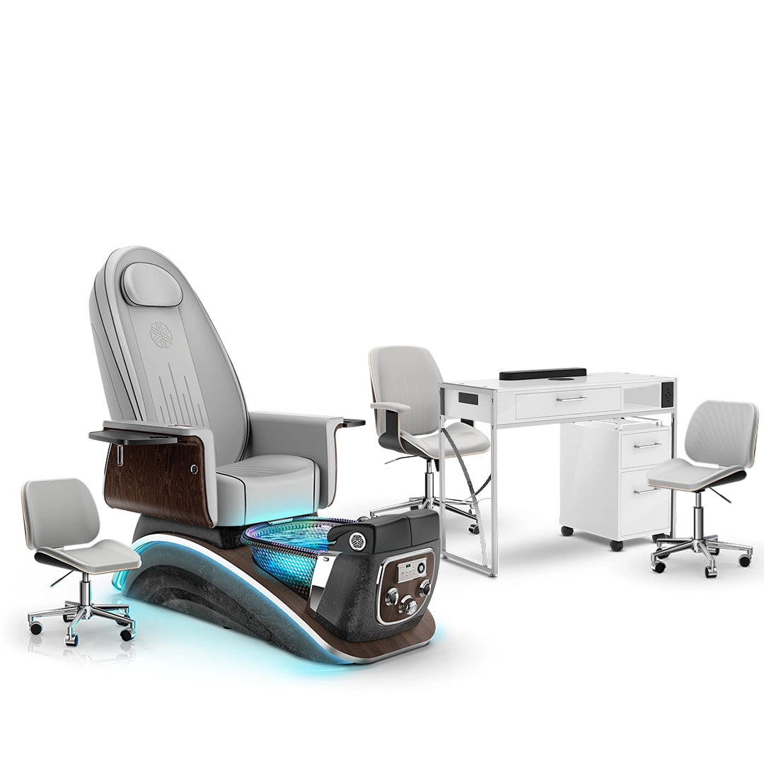 Platinum-pr-Black Moonstone-White Lexor Mystique Pedicure Chair and Matching Nail Table Set