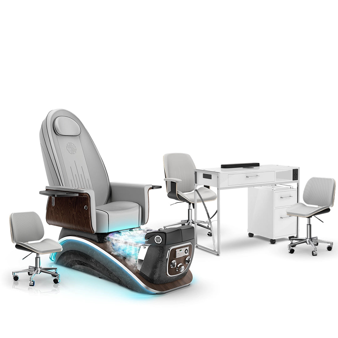 Platinum-pr-Black Moonstone-White Lexor Mystique Pedicure Chair with Thera-Mist and Matching Nail Table Set