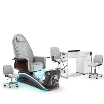 Platinum-pr-Black Moonstone-White Lexor Mystique Pedicure Chair with Thera-Mist and Matching Nail Table Set