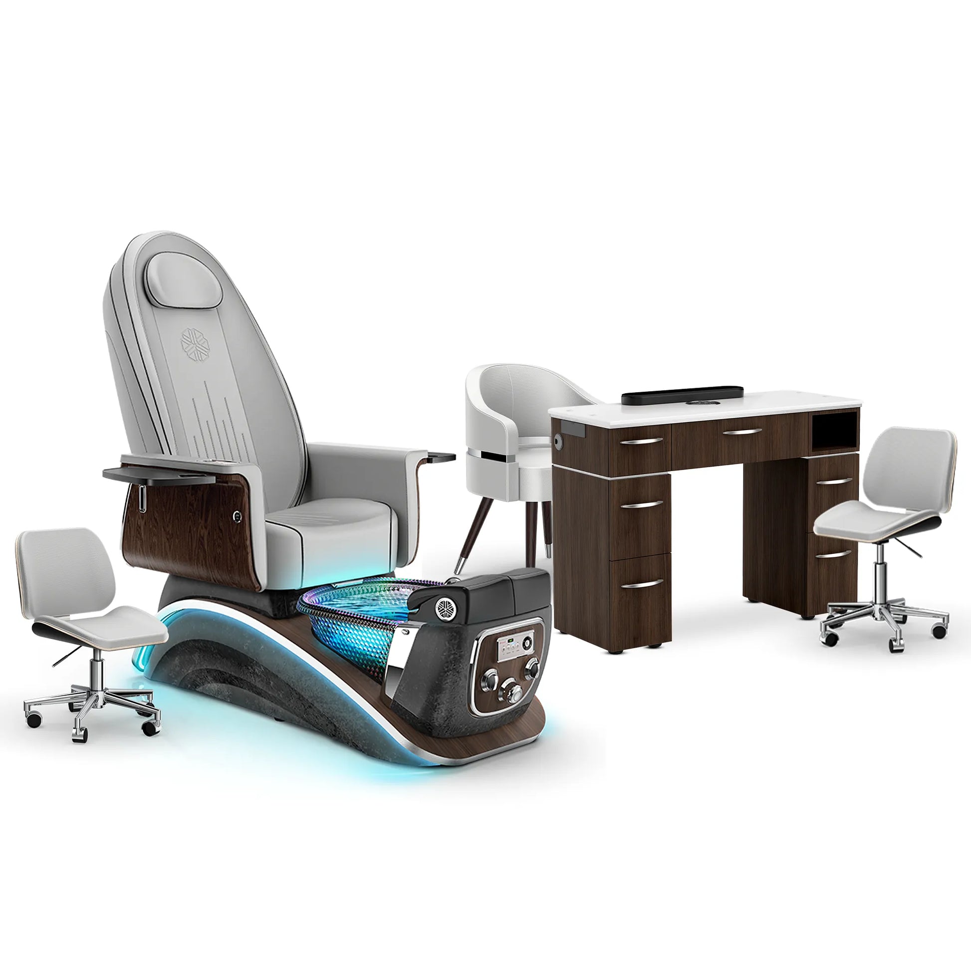 Platinum-pr-Black Moonstone-Dark Walnut Lexor Mystique Pedicure Chair and Matching Nail Table Set