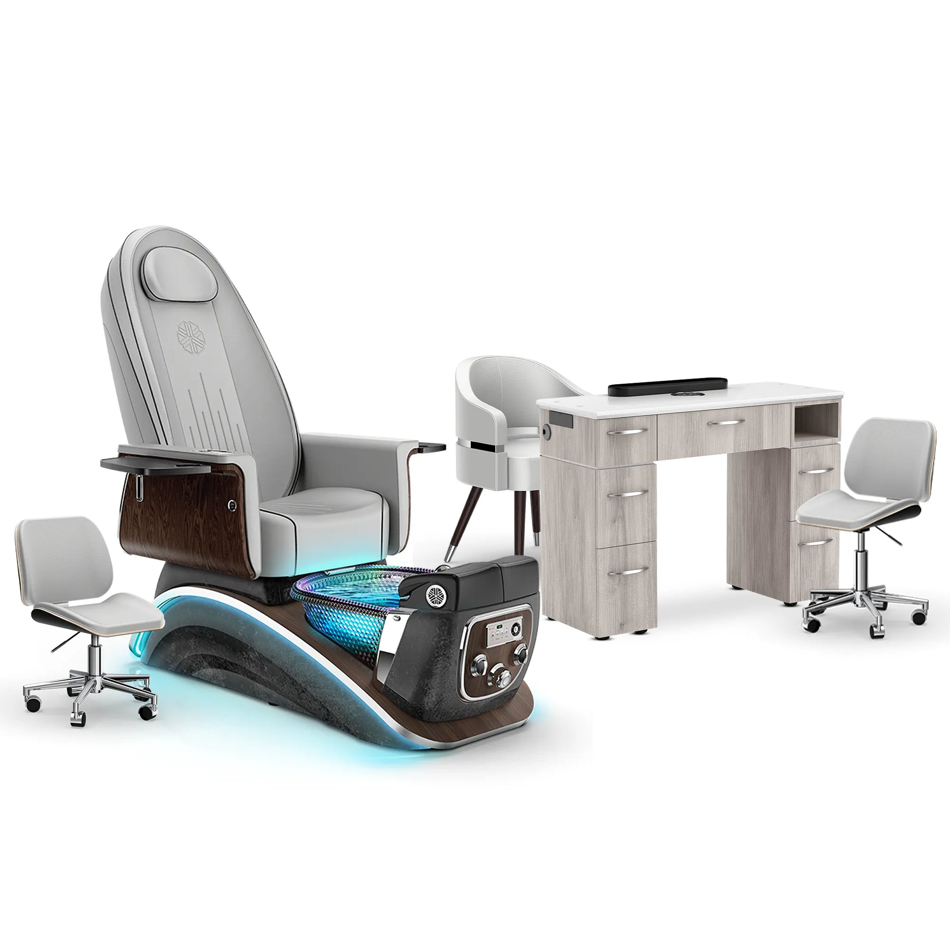 Platinum-pr-Black Moonstone-Hazel Lexor Mystique Pedicure Chair and Matching Nail Table Set
